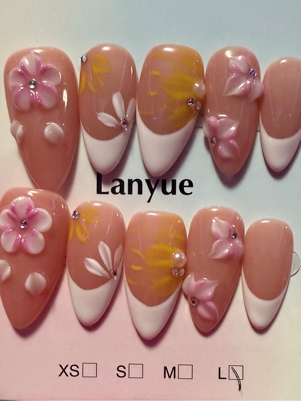 Lanyue Pink Floral French Tip Press-On Nails